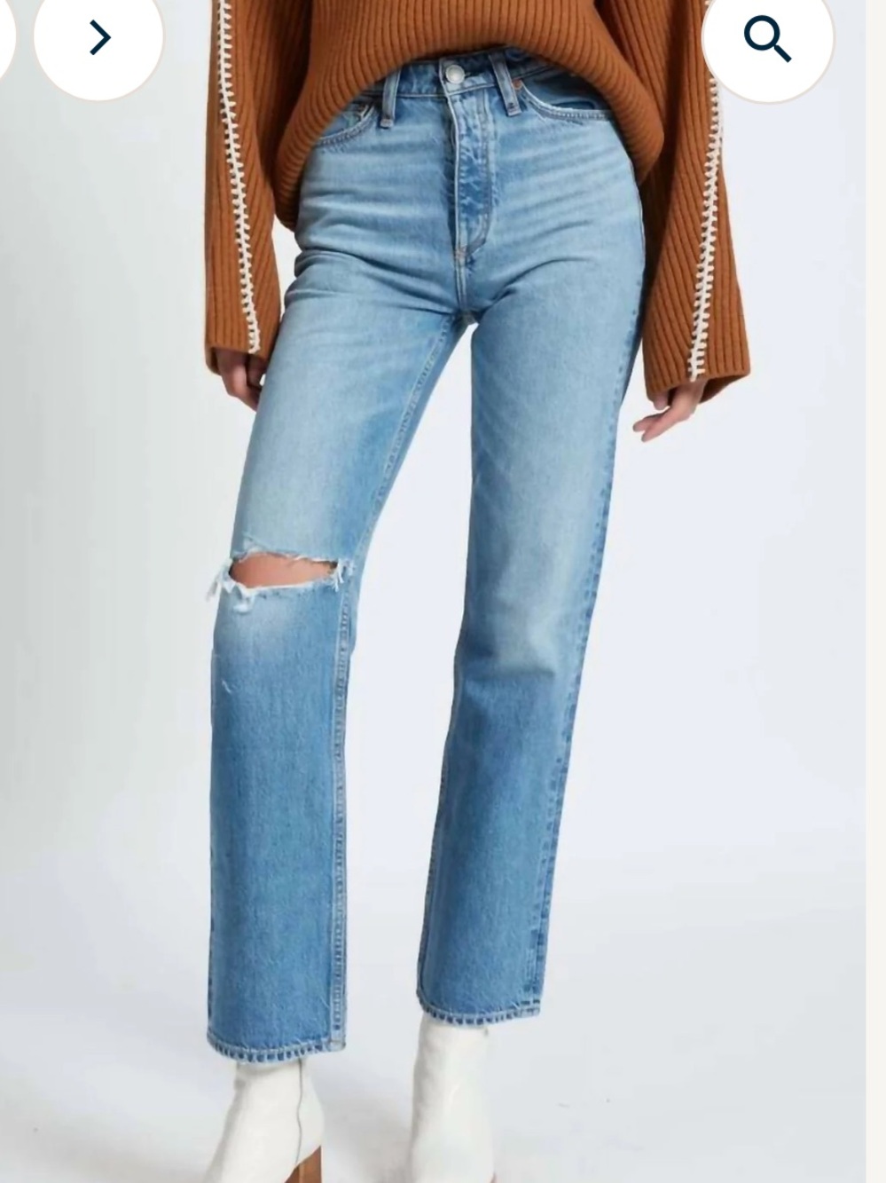 rag & bone light blue high-rise straight jeans with knee distress